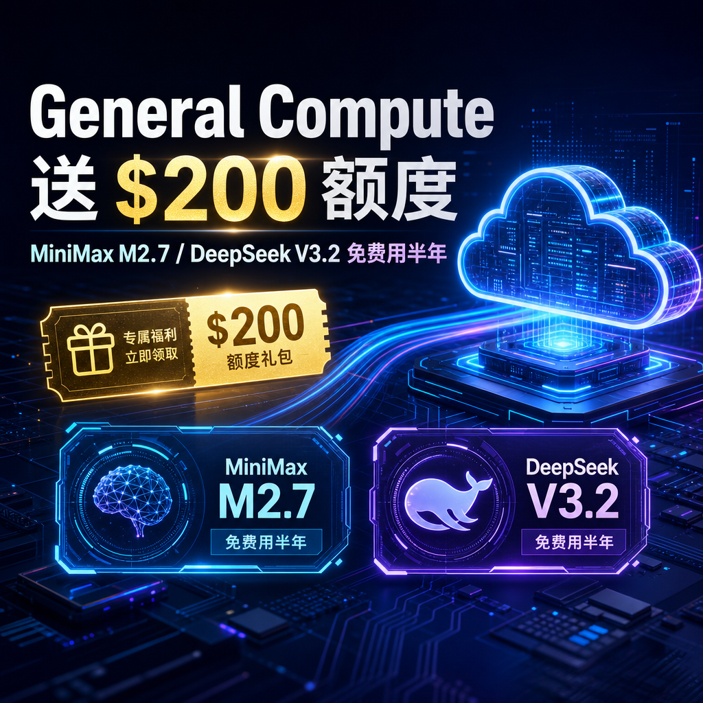 General Compute 送 200 美元额度,MiniMax M2.7 和 DeepSeek V3.2 免费用半年