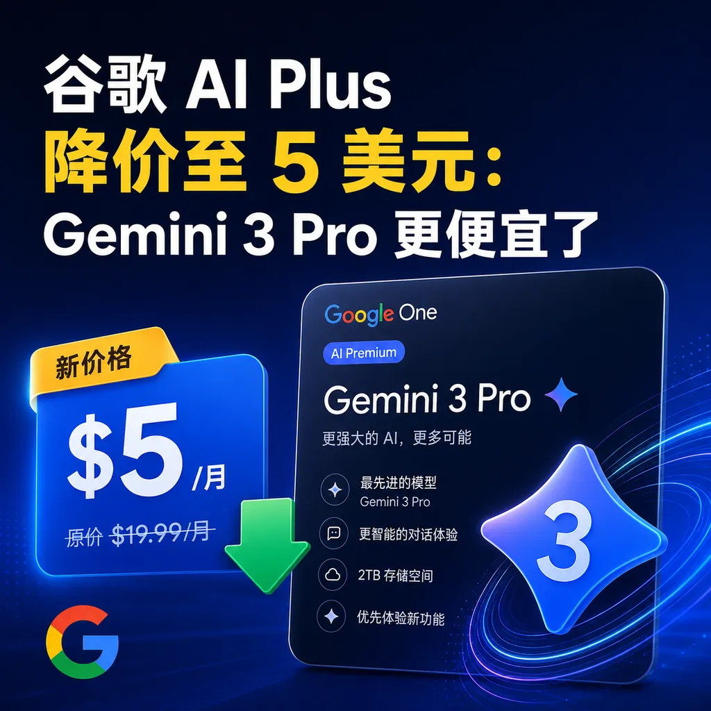 谷歌 AI Plus 降价至 5 美元:Gemini 3 Pro 更便宜了