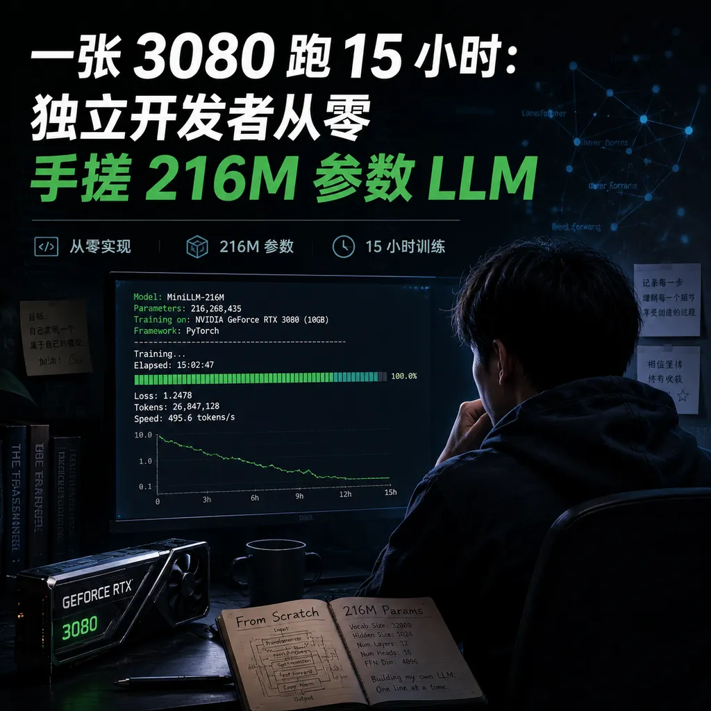 一张 3080 跑 15 小时:独立开发者从零手搓 216M 参数 LLM