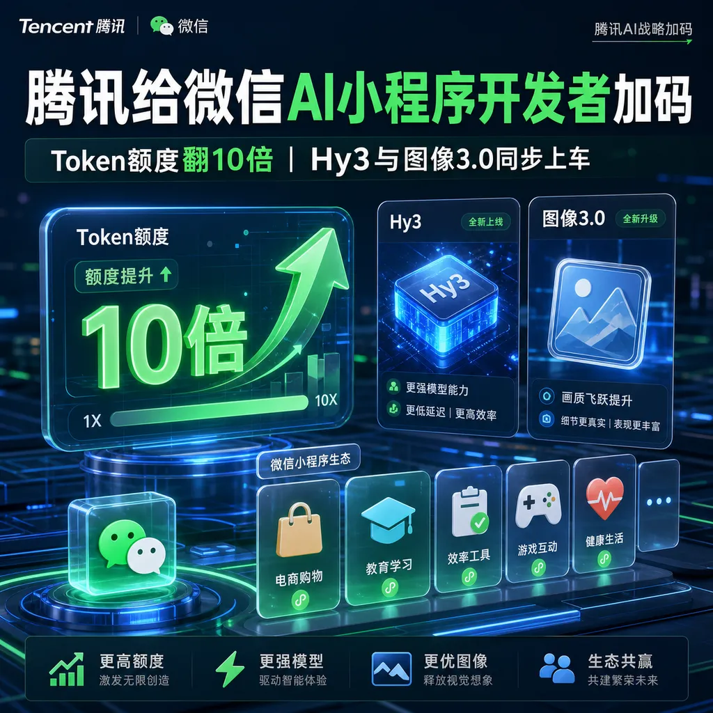 腾讯给微信AI小程序开发者加码:Token额度翻10倍,Hy3和图像3.0同步上车