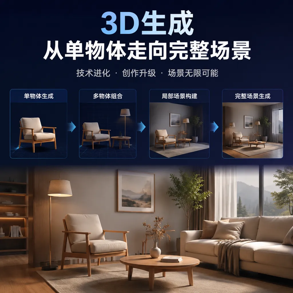 <think>**Translating and refining title**</think>
3D Generation: From Single Objects to Complete Scenes