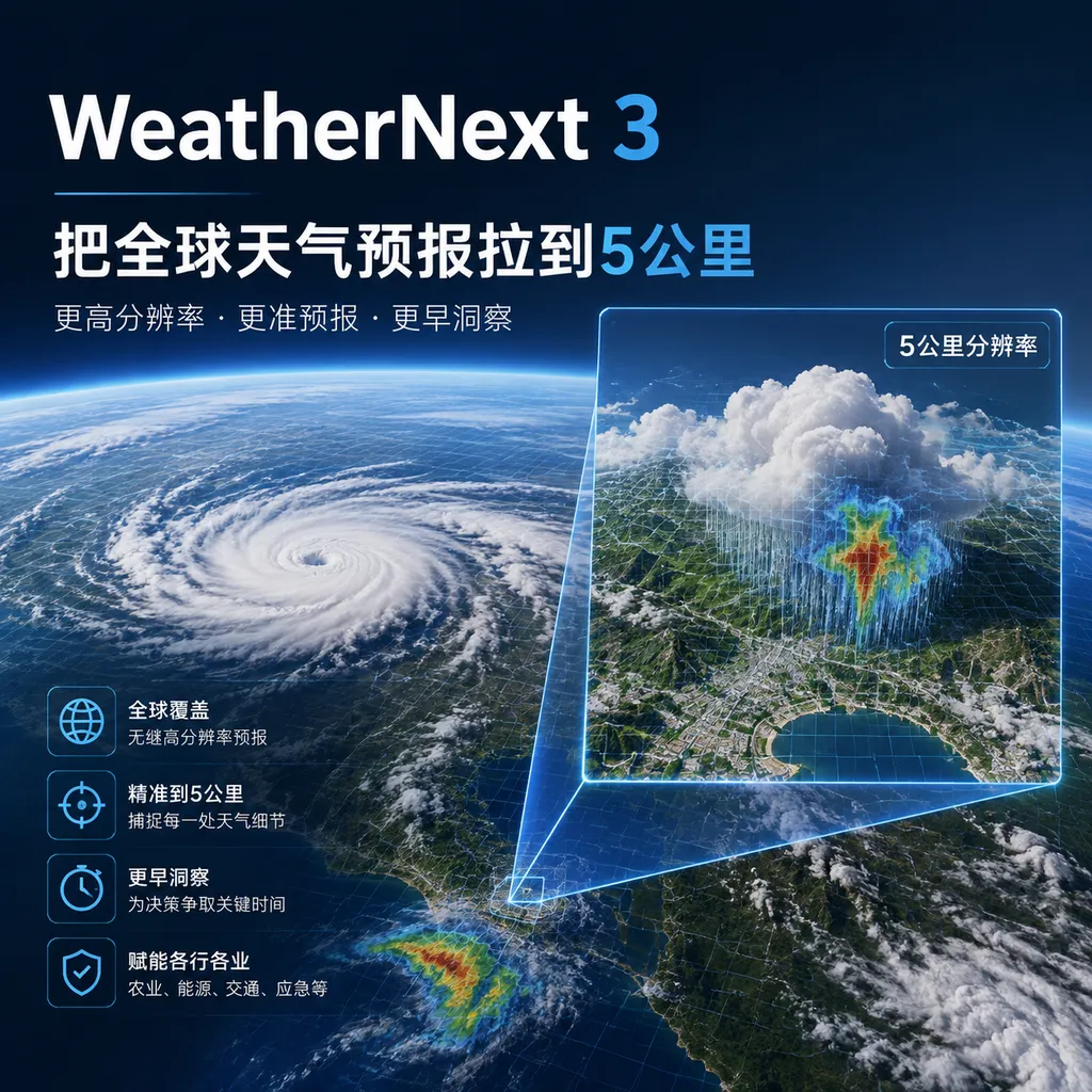 <think>**Translating title phrase**</think>
WeatherNext 3 Brings Global Weather Forecasting Down to 5 Kilometers