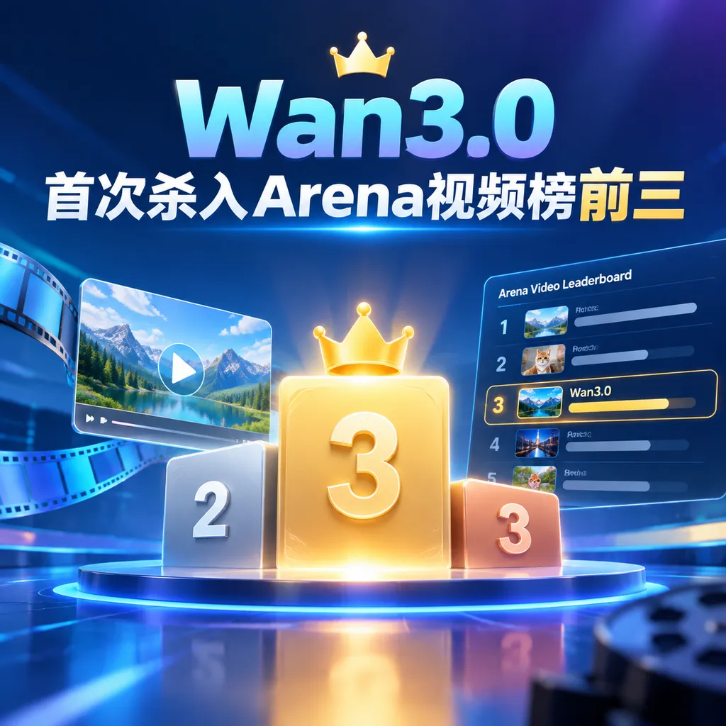 <think>**Translating leaderboard achievement**
</think>
Wan3.0 Breaks into the Top Three on the Arena Video Leaderboard for the First Time