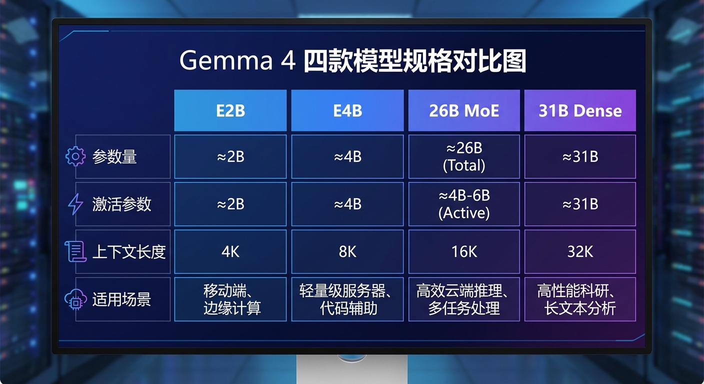 Gemma 4 四款模型规格对比图，包含 E2B、E4B、26B MoE、31B Dense 的参数量、激活参数、上下文长度、适用场景