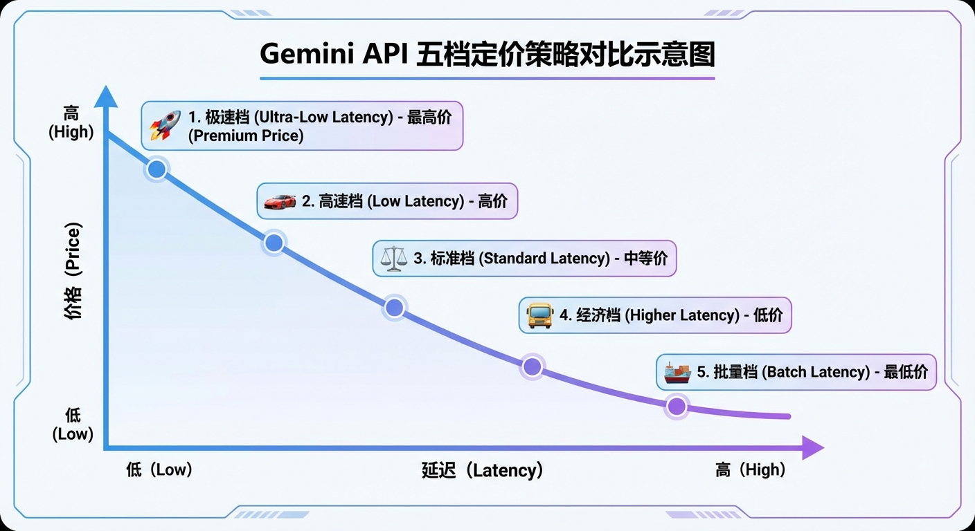 Gemini API 五档定价策略对比示意图,横轴为延迟从低到高,纵轴为价格从低到高,标注五个档位的位置关系
