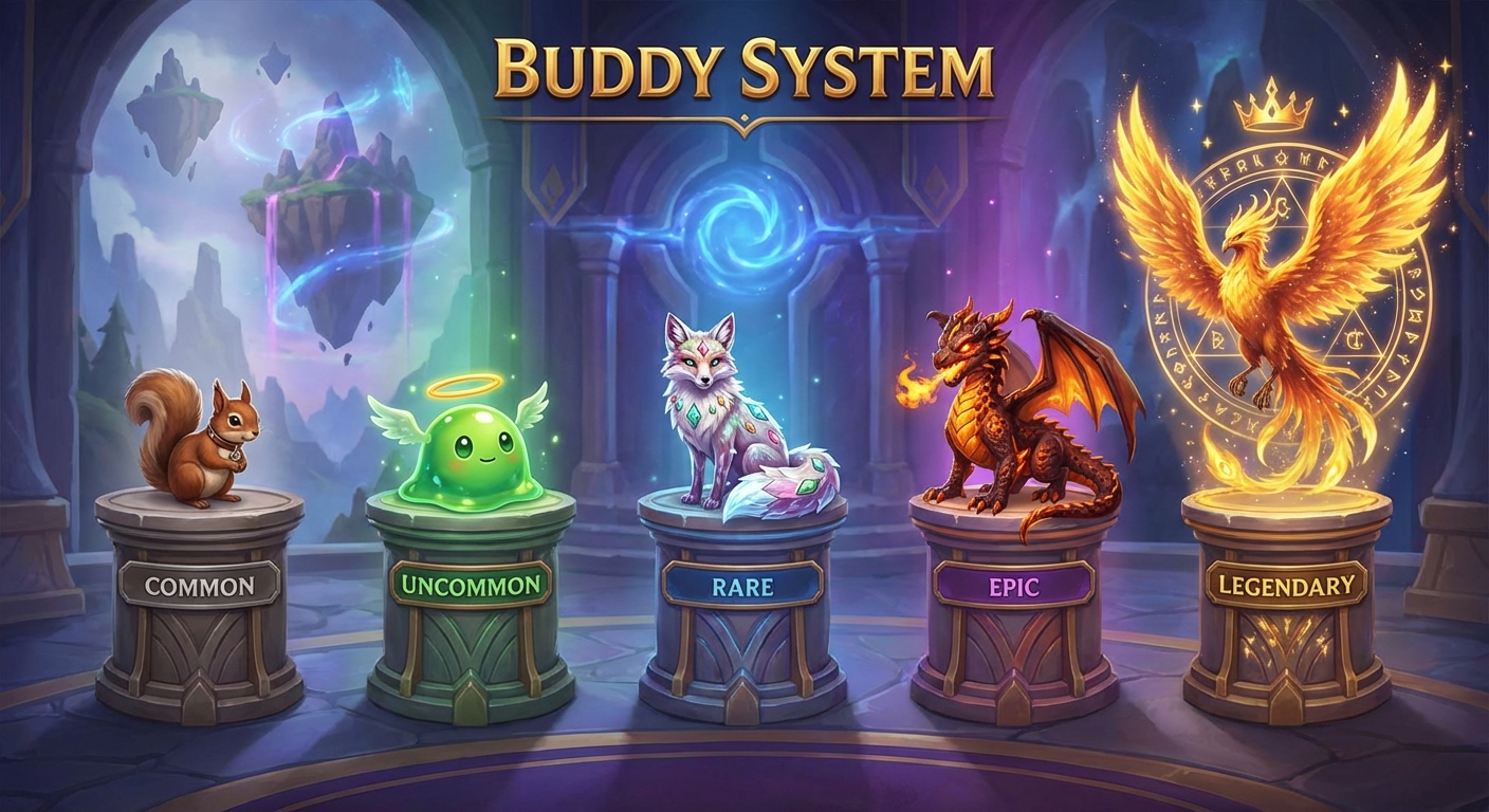 Buddy 系统不同稀有度宠物的对比展示,从 common 到 legendary