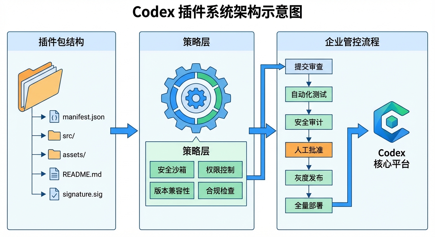 Codex 插件系统架构示意图,展示插件包结构、策略层与企业管控流程