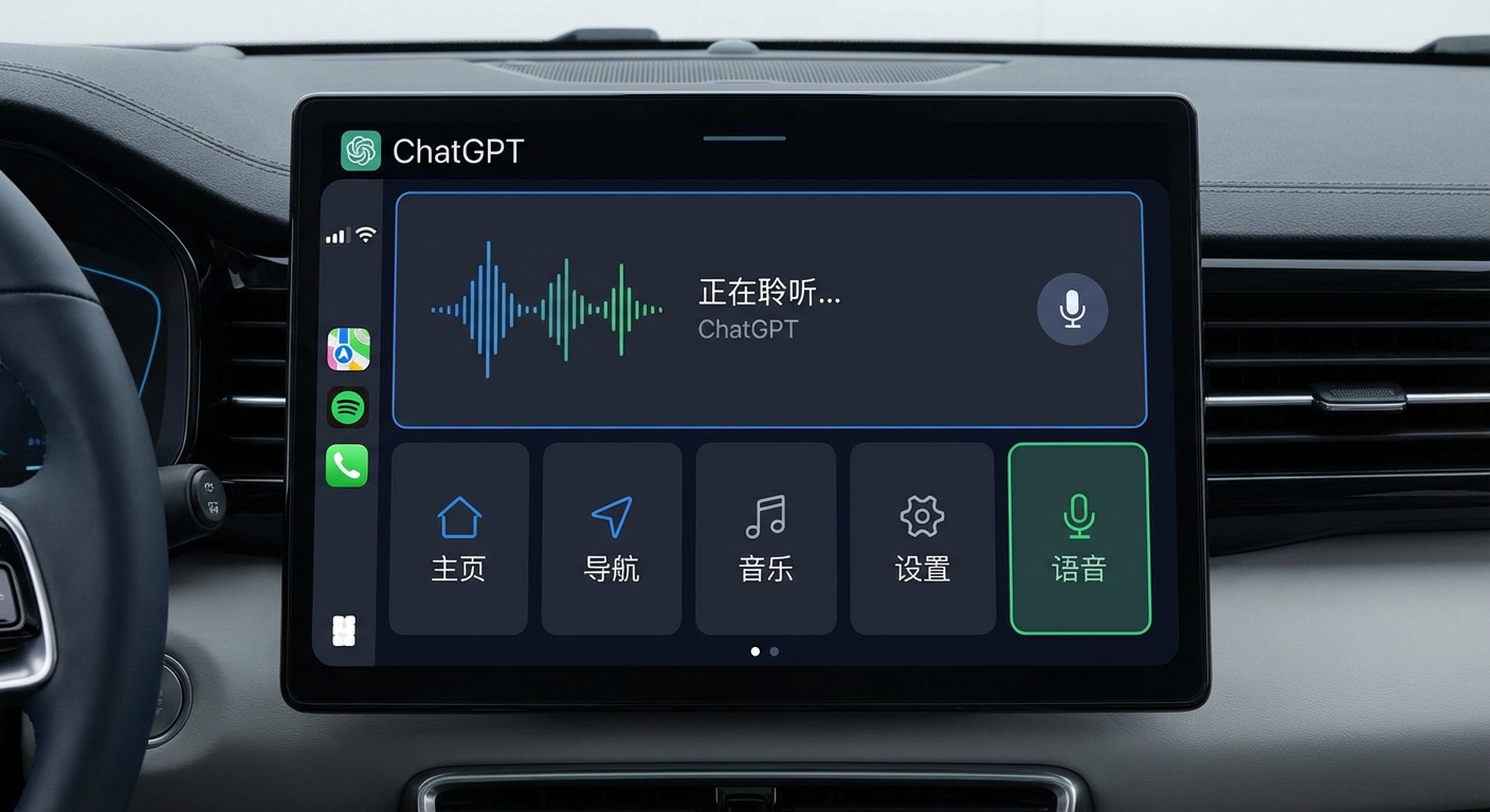 ChatGPT CarPlay 界面展示,显示语音控制面板和简洁的操作按钮
