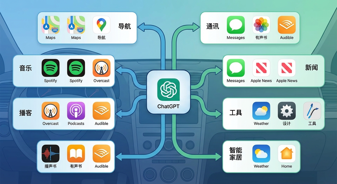CarPlay 应用生态示意图,展示 ChatGPT 与其他应用类型的关系