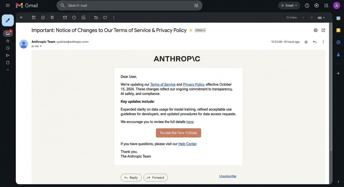 Anthropic 官方邮件截图，显示政策变更通知