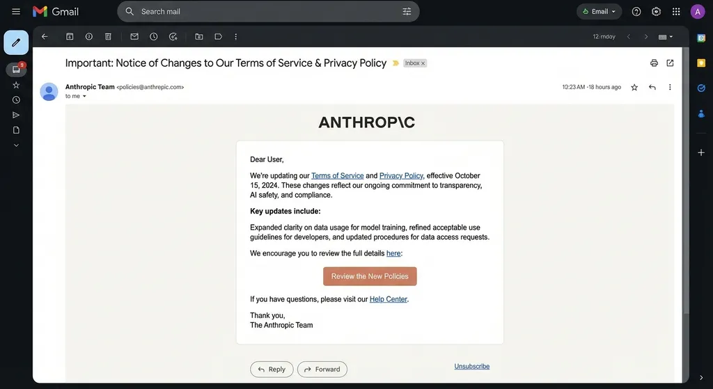 Anthropic 官方邮件截图,显示政策变更通知