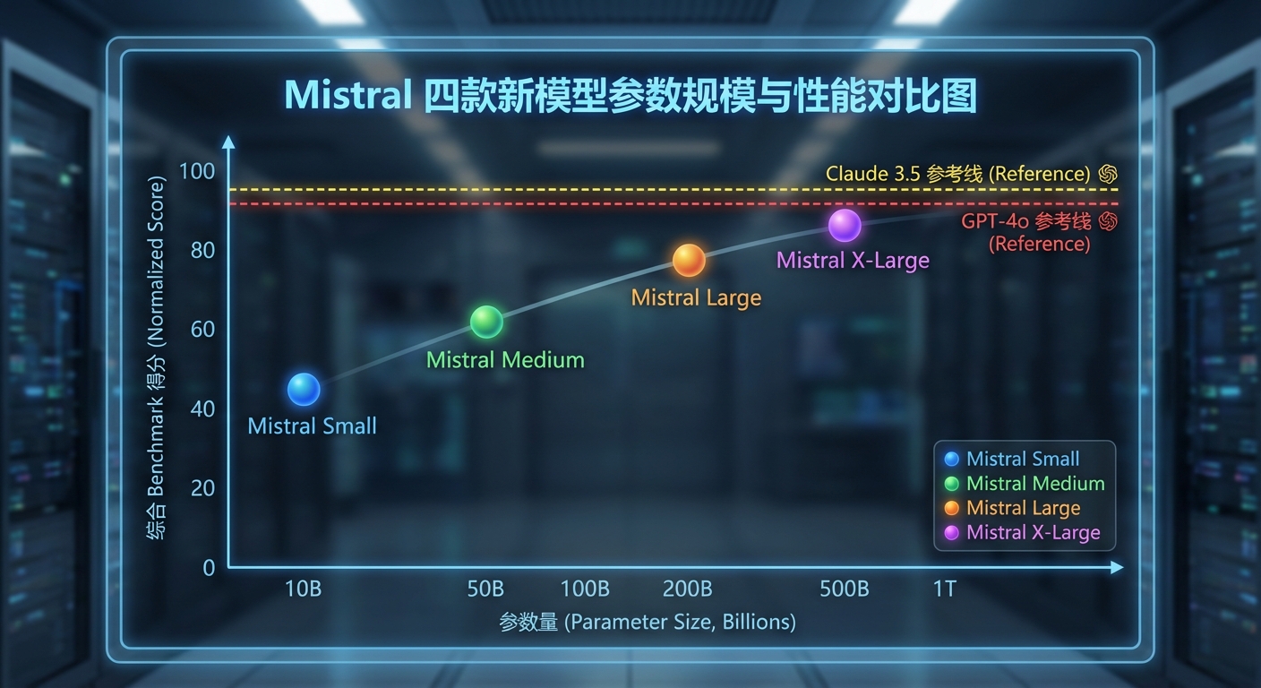 Mistral 四款新模型参数规模与性能对比图，横轴为参数量，纵轴为综合 benchmark 得分，标注 GPT-4o 和 Claude 3.5 作为参照线