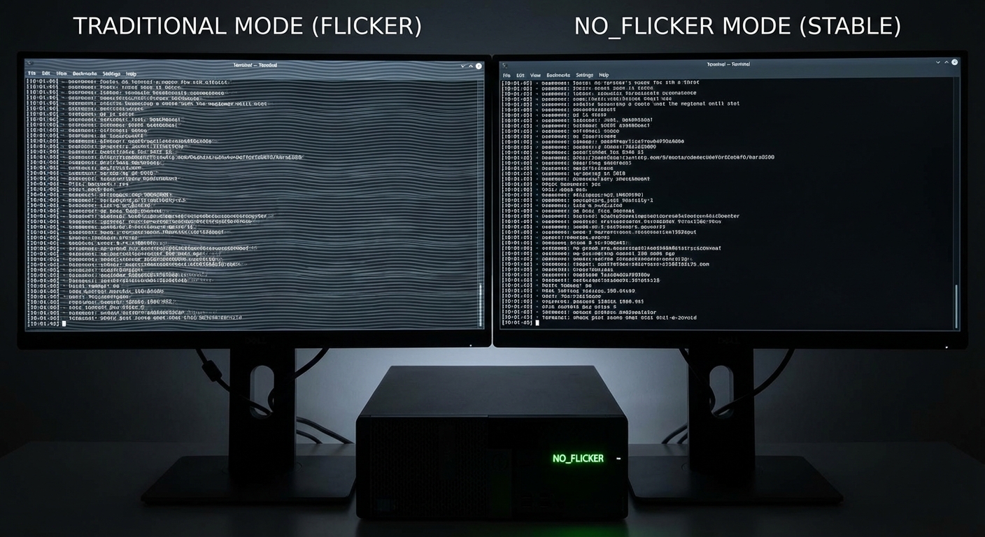 NO_FLICKER 模式开启前后终端渲染效果对比,左侧为传统模式下长对话的闪烁截图,右侧为 NO_FLICKER 模式下的稳定画面