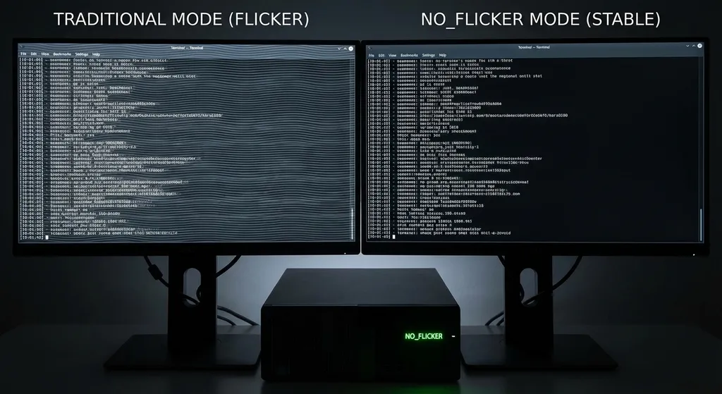 NO_FLICKER 模式开启前后终端渲染效果对比,左侧为传统模式下长对话的闪烁截图,右侧为 NO_FLICKER 模式下的稳定画面
