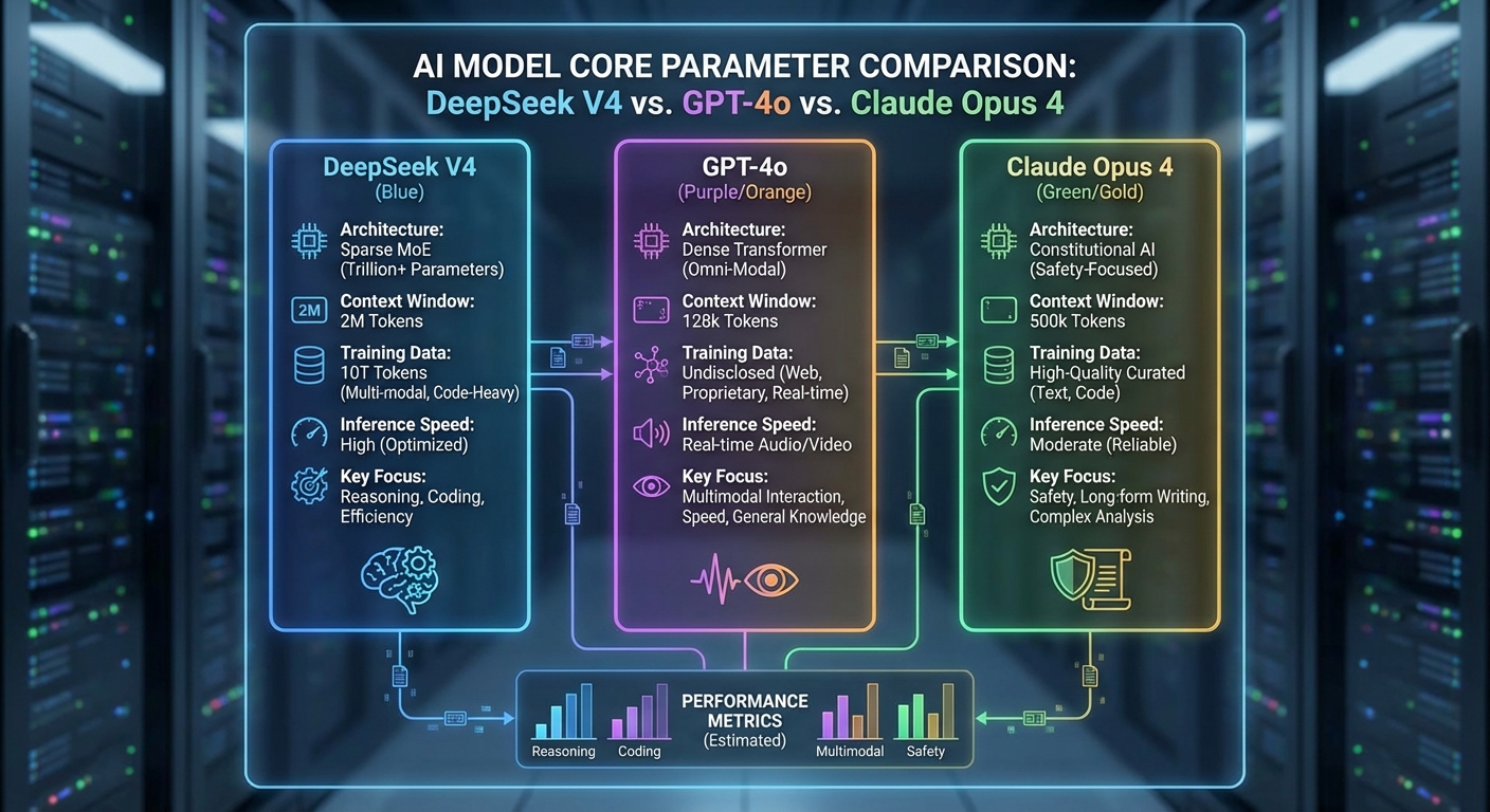 DeepSeek V4 核心参数与 GPT-4o、Claude Opus 4 的对比信息图