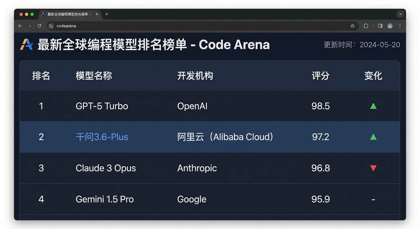 Code Arena 最新全球编程模型排名榜单截图，千问3.6-Plus位列第二