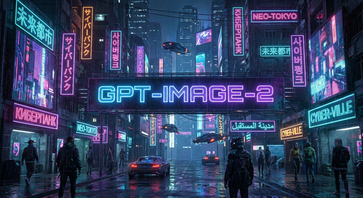 GPT-Image-2 生成的多语言赛博朋克广告牌场景,各种语言的霓虹灯招牌清晰可辨