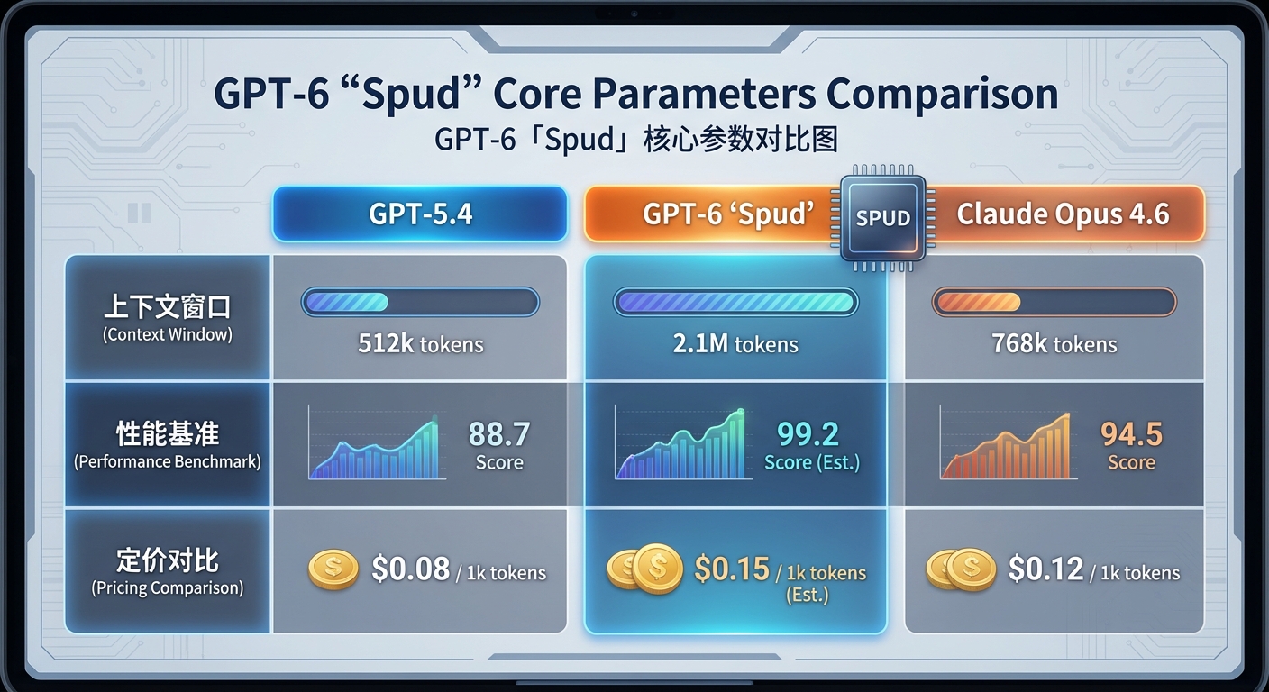 GPT-6「Spud」核心参数对比图,包含 GPT-5.4、Claude Opus 4.6 的上下文窗口、性能基准、定价对比