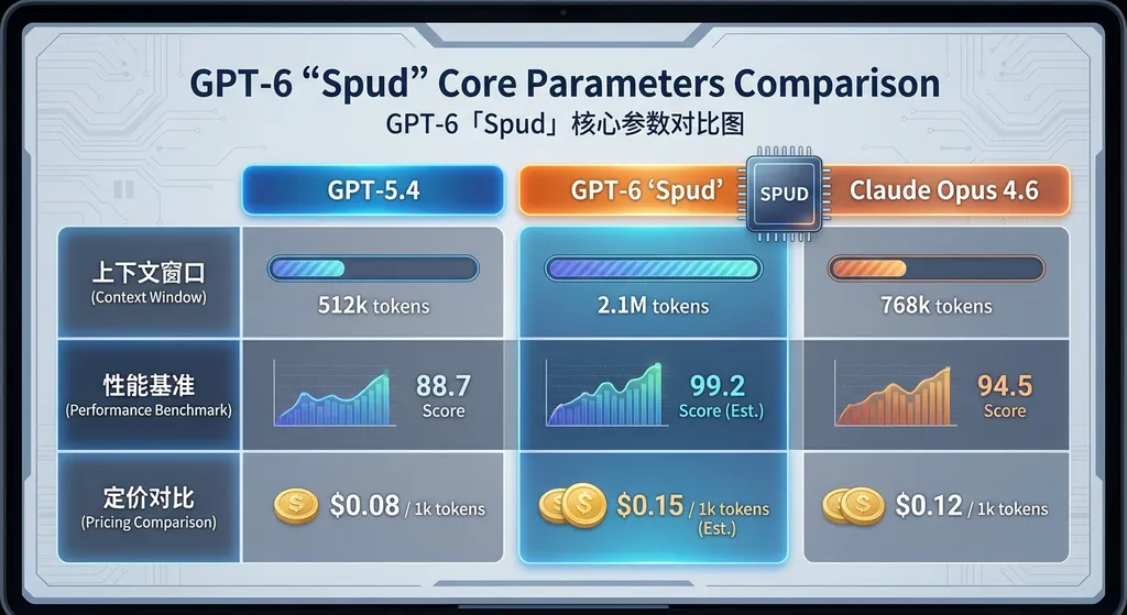 GPT-6「Spud」核心参数对比图,包含 GPT-5.4、Claude Opus 4.6 的上下文窗口、性能基准、定价对比