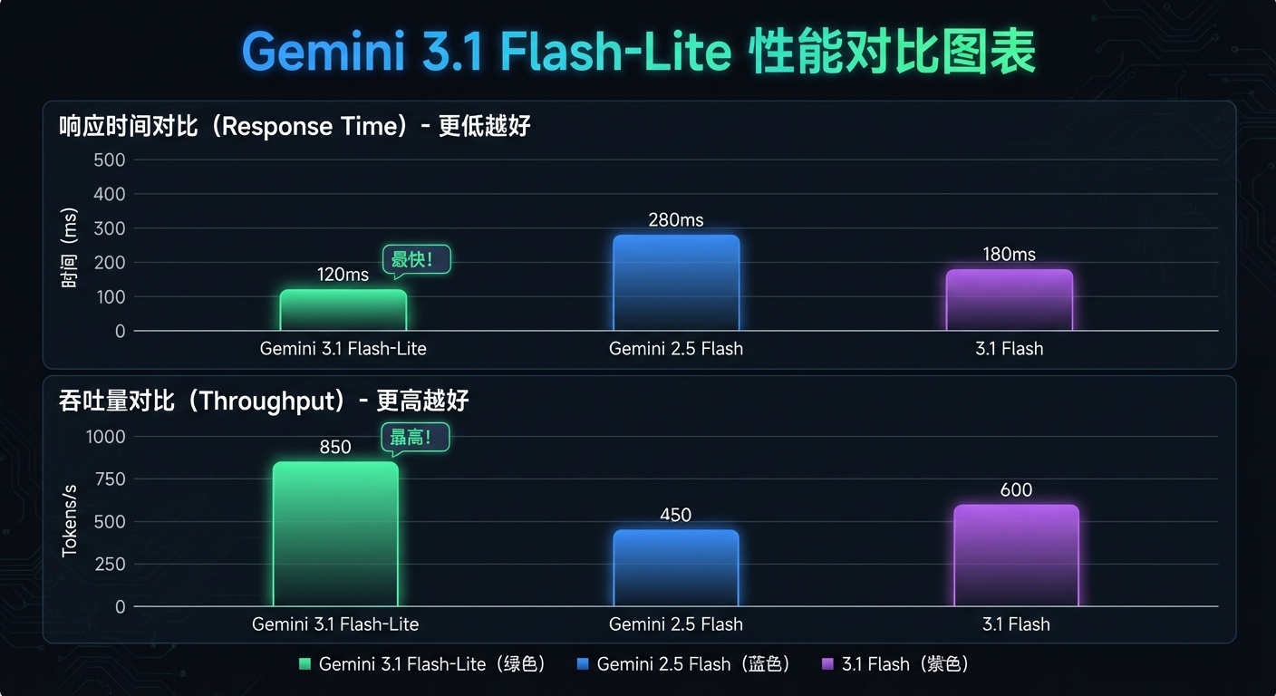 Gemini 3.1 Flash-Lite 性能对比图表，展示与 Gemini 2.5 Flash 和 3.1 Flash 的响应时间、吞吐量对比