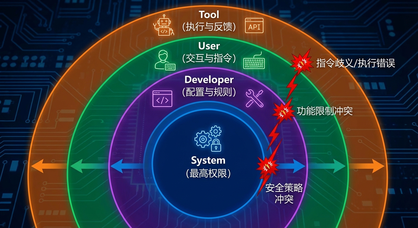指令层级结构示意图,展示系统>开发者>用户>工具四层权限关系及冲突场景
