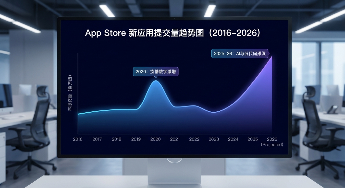 App Store 新应用提交量趋势图（2016-2026）