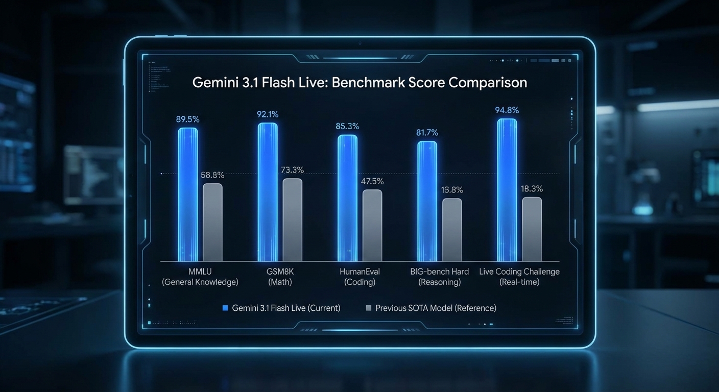 Gemini 3.1 Flash Live 在各项基准测试中的得分对比图