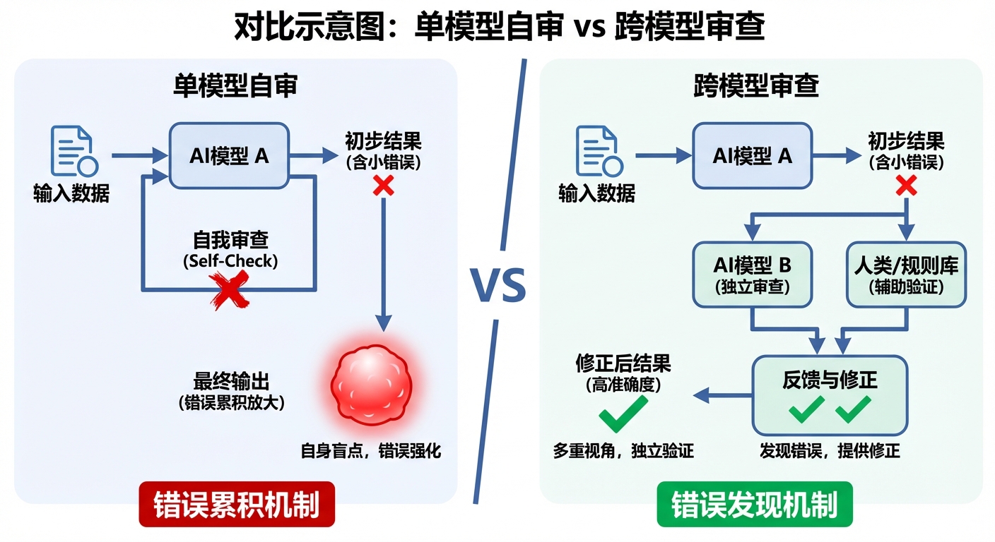 单模型自审 vs 跨模型审查的对比示意图，展示错误累积与发现机制的差异