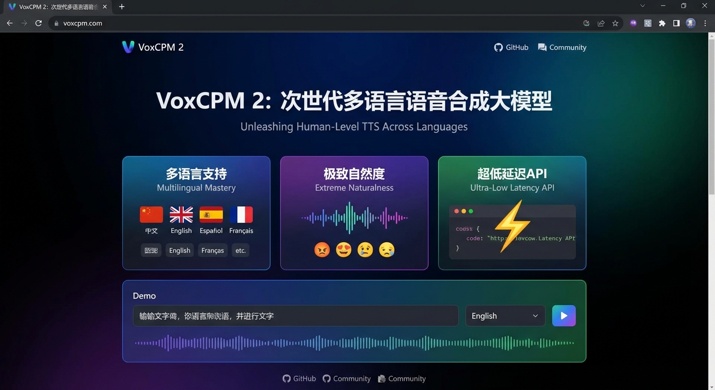 VoxCPM 2 项目首页截图，展示多语言语音合成能力与核心特性