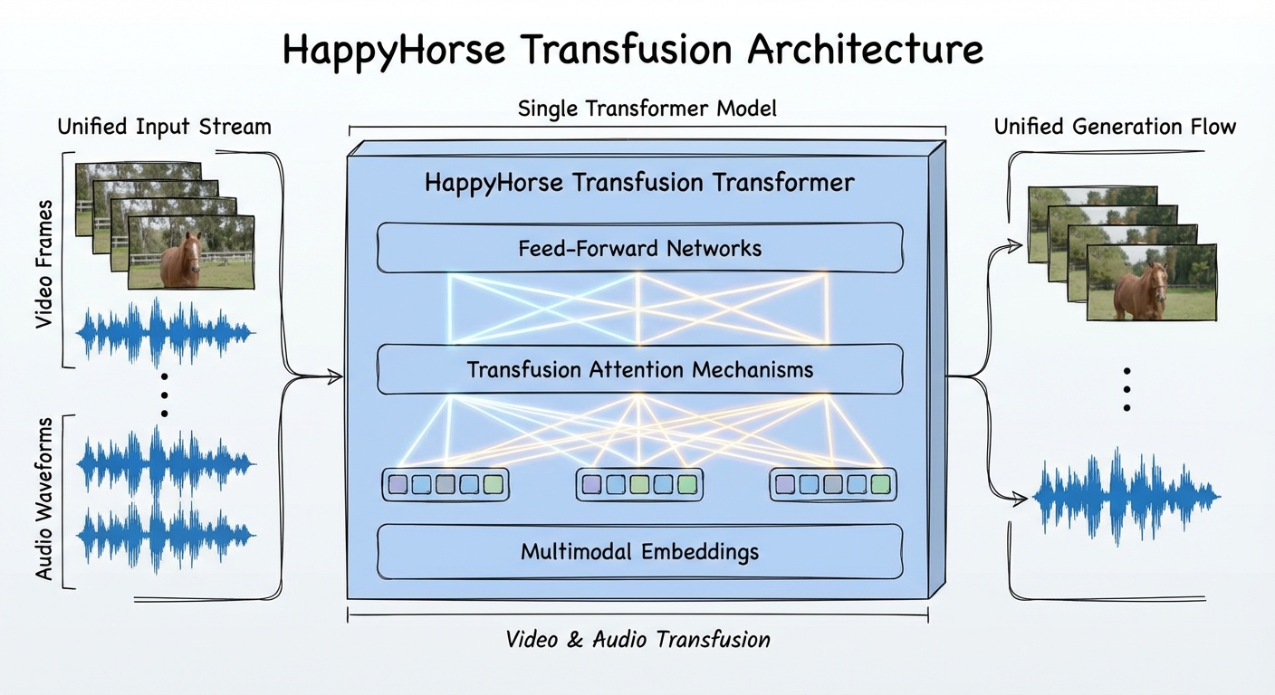 HappyHorse 单Transformer Transfusion架构示意图，展示视频帧与音频波形在同一模型中的统一生成流程
