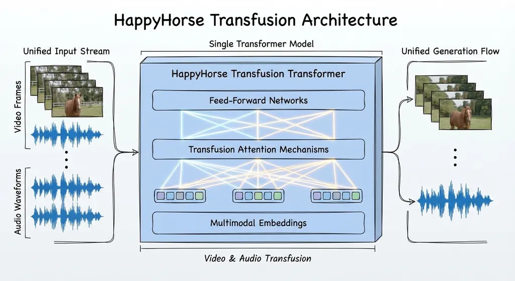 HappyHorse 单Transformer Transfusion架构示意图,展示视频帧与音频波形在同一模型中的统一生成流程
