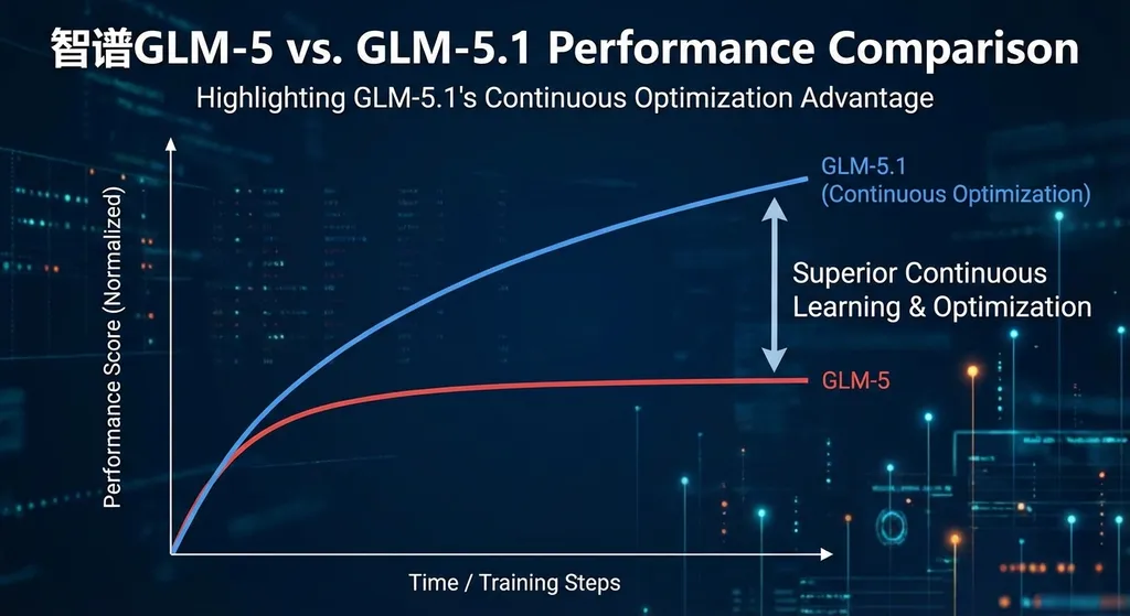 智谱GLM-5与GLM-5.1性能对比曲线图,展示GLM-5.1在持续优化能力上的优势