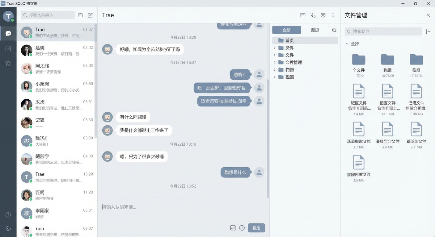 Trae SOLO 独立端主界面截图，展示清爽的对话界面和右侧文件管理面板