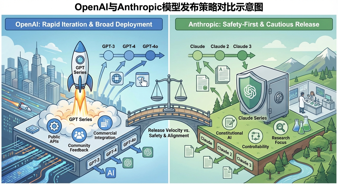 OpenAI与Anthropic模型发布策略对比示意图