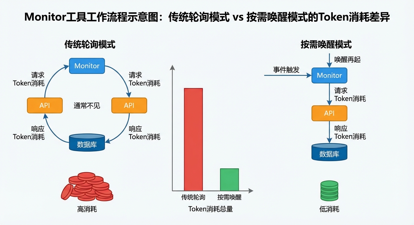 Monitor工具工作流程示意图，对比传统轮询模式和按需唤醒模式的Token消耗差异