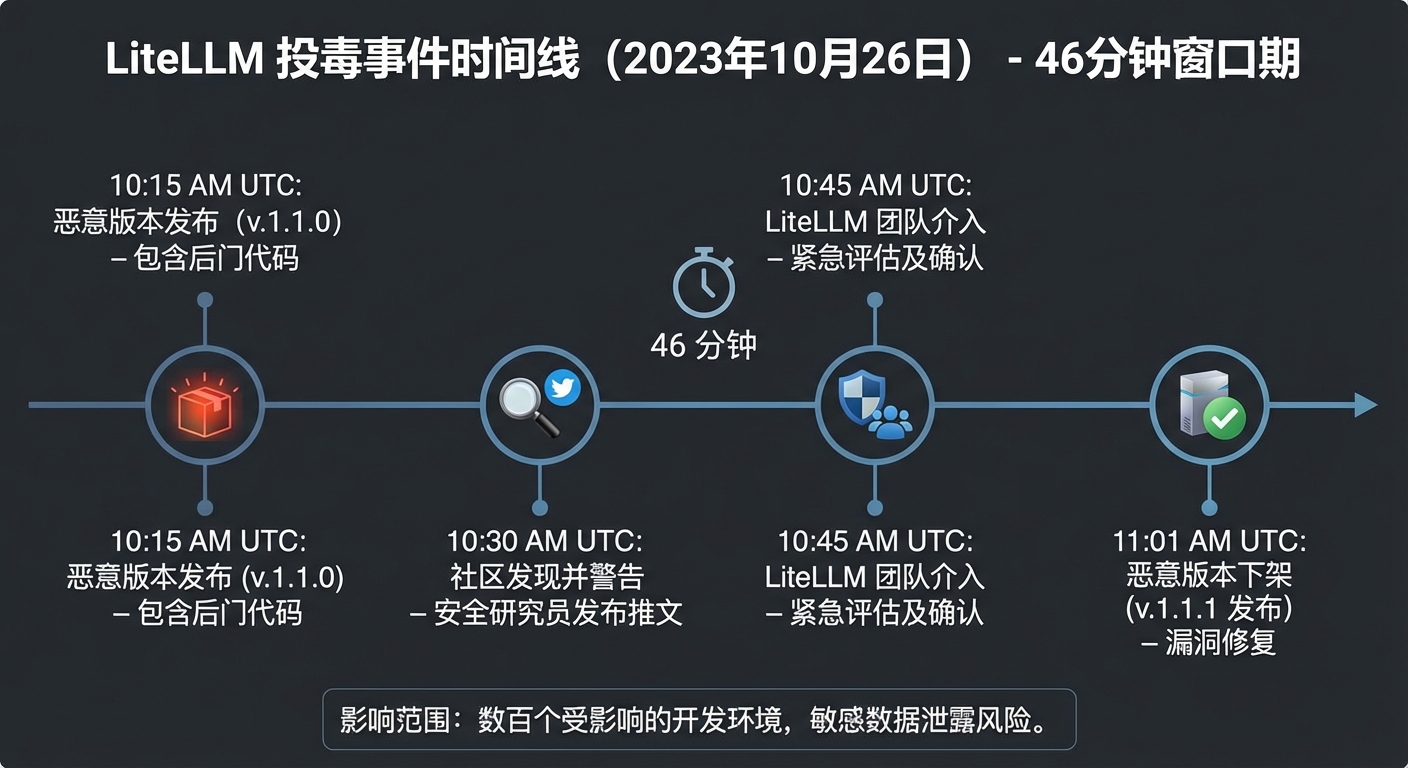 LiteLLM 投毒事件时间线示意图,展示从恶意版本发布到下架的 46 分钟窗口期