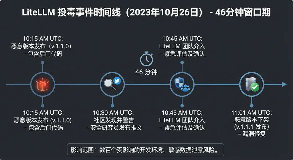 LiteLLM 投毒事件时间线示意图,展示从恶意版本发布到下架的 46 分钟窗口期