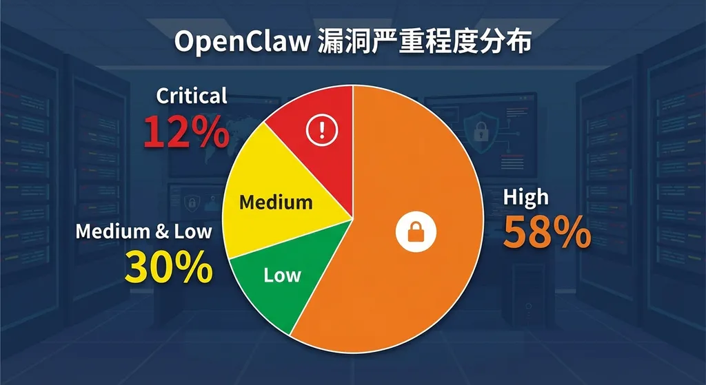 OpenClaw 漏洞严重程度分布饼图,展示 Critical 12%、High 58%、Medium 和 Low 合计 30%