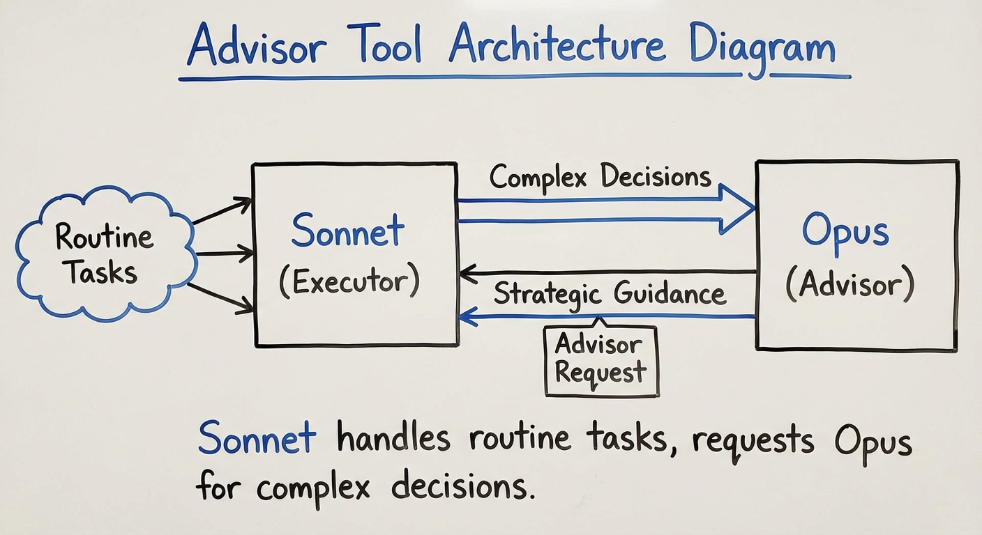 Advisor Tool 架构示意图——Sonnet 作为执行者处理常规任务,遇到复杂决策时向 Opus 发起顾问请求