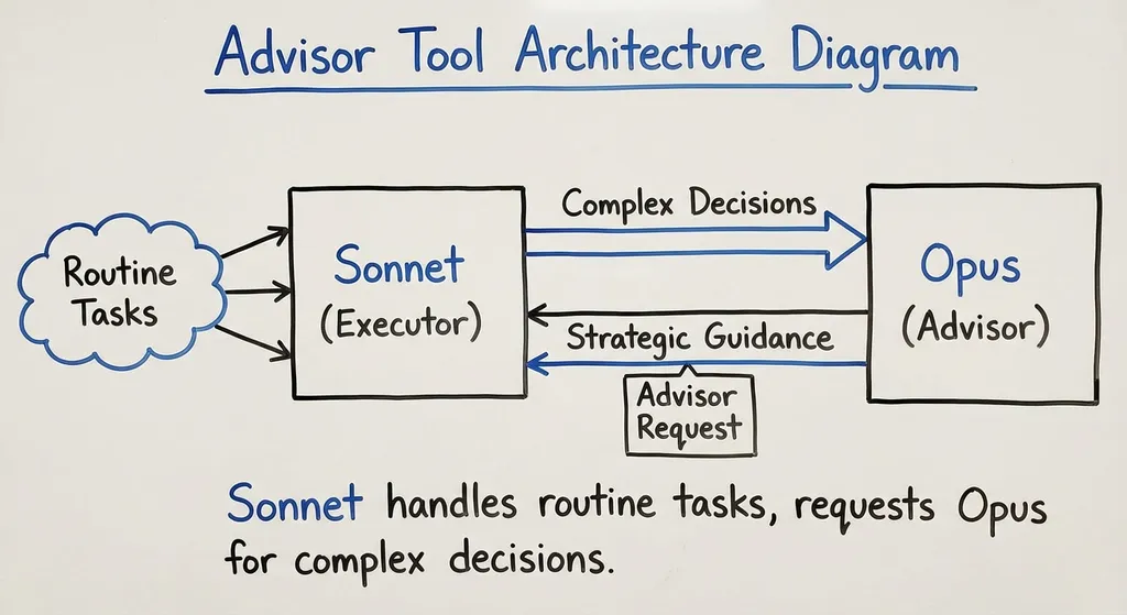 Advisor Tool 架构示意图——Sonnet 作为执行者处理常规任务,遇到复杂决策时向 Opus 发起顾问请求