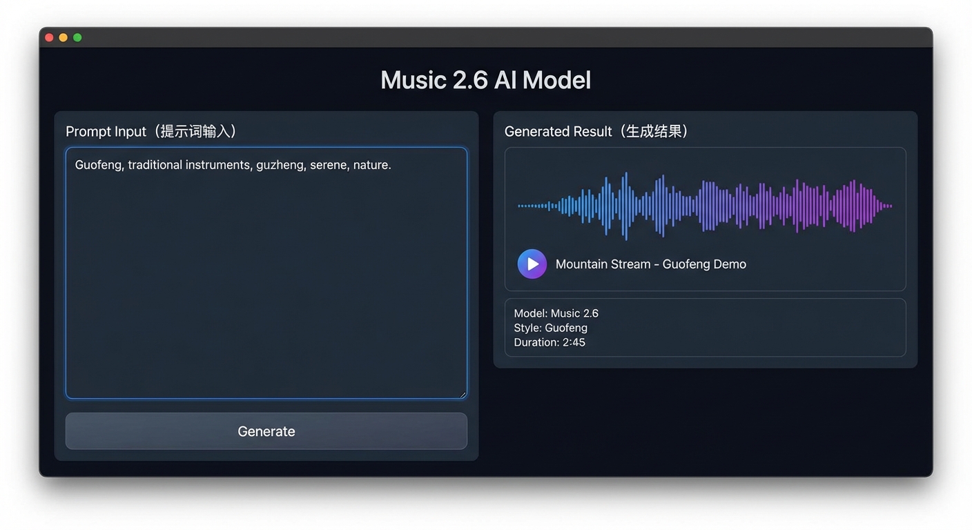 Music 2.6 模型生成国风曲目的界面截图，展示提示词输入与生成结果
