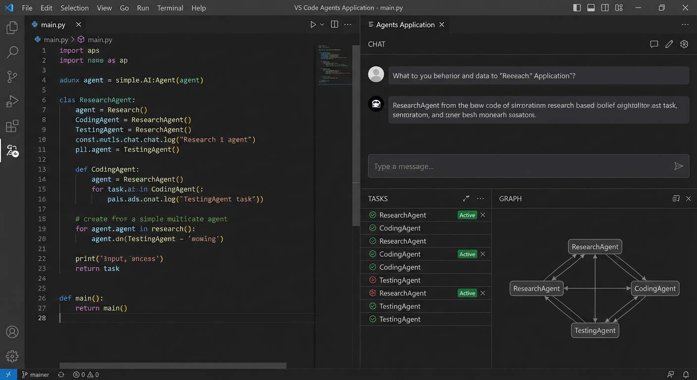 VS Code Agents Application 界面截图，展示独立的 Agent 工作区与传统编辑器的并列视图