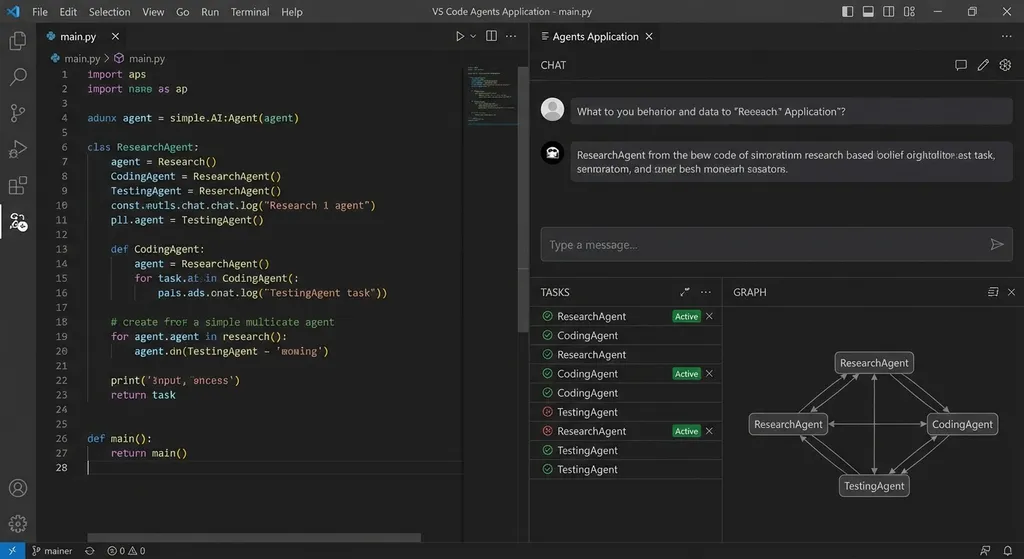 VS Code Agents Application 界面截图,展示独立的 Agent 工作区与传统编辑器的并列视图