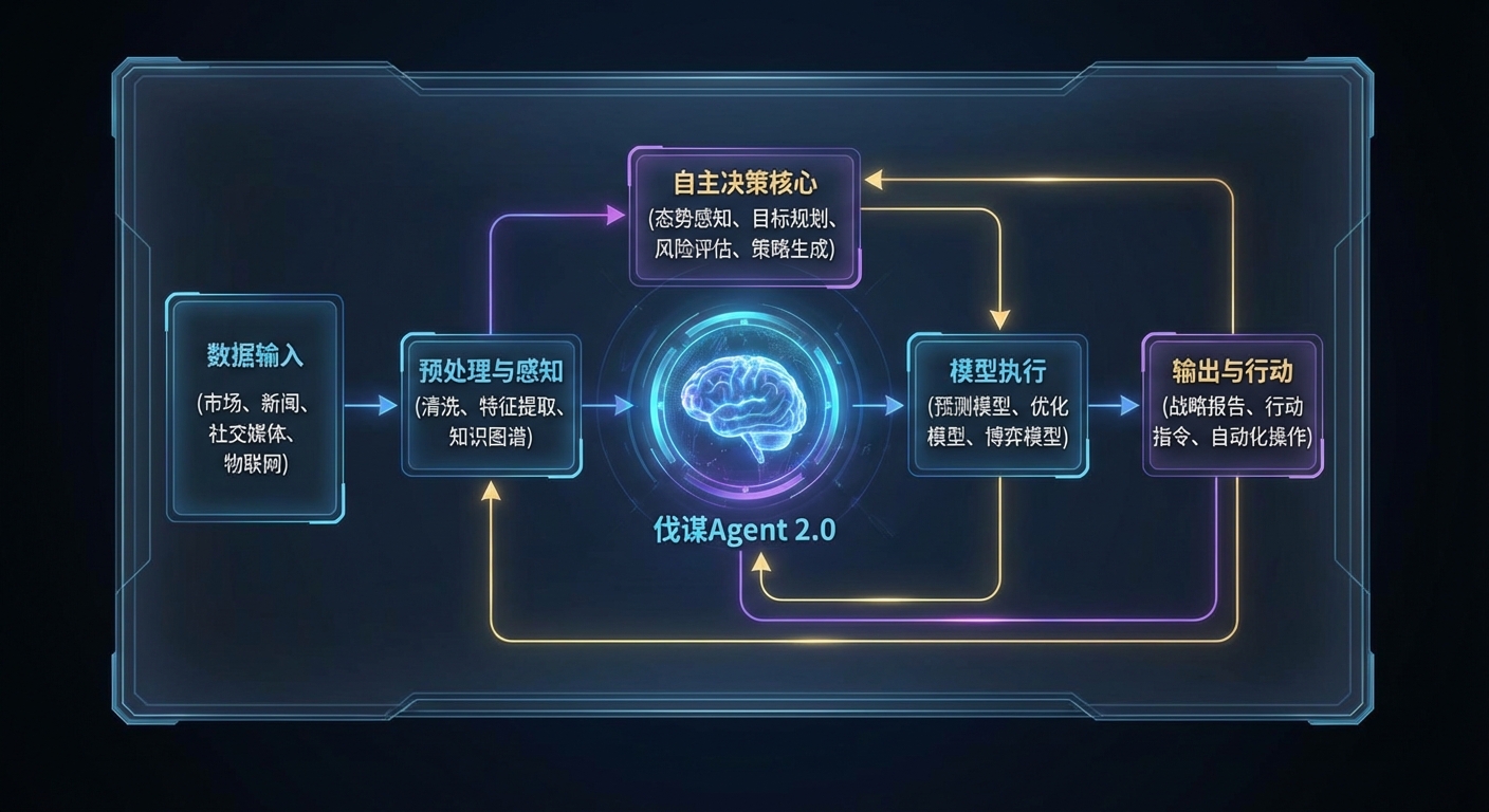 伐谋Agent 2.0工作流程示意图，展示从数据输入到模型输出的自主决策链路