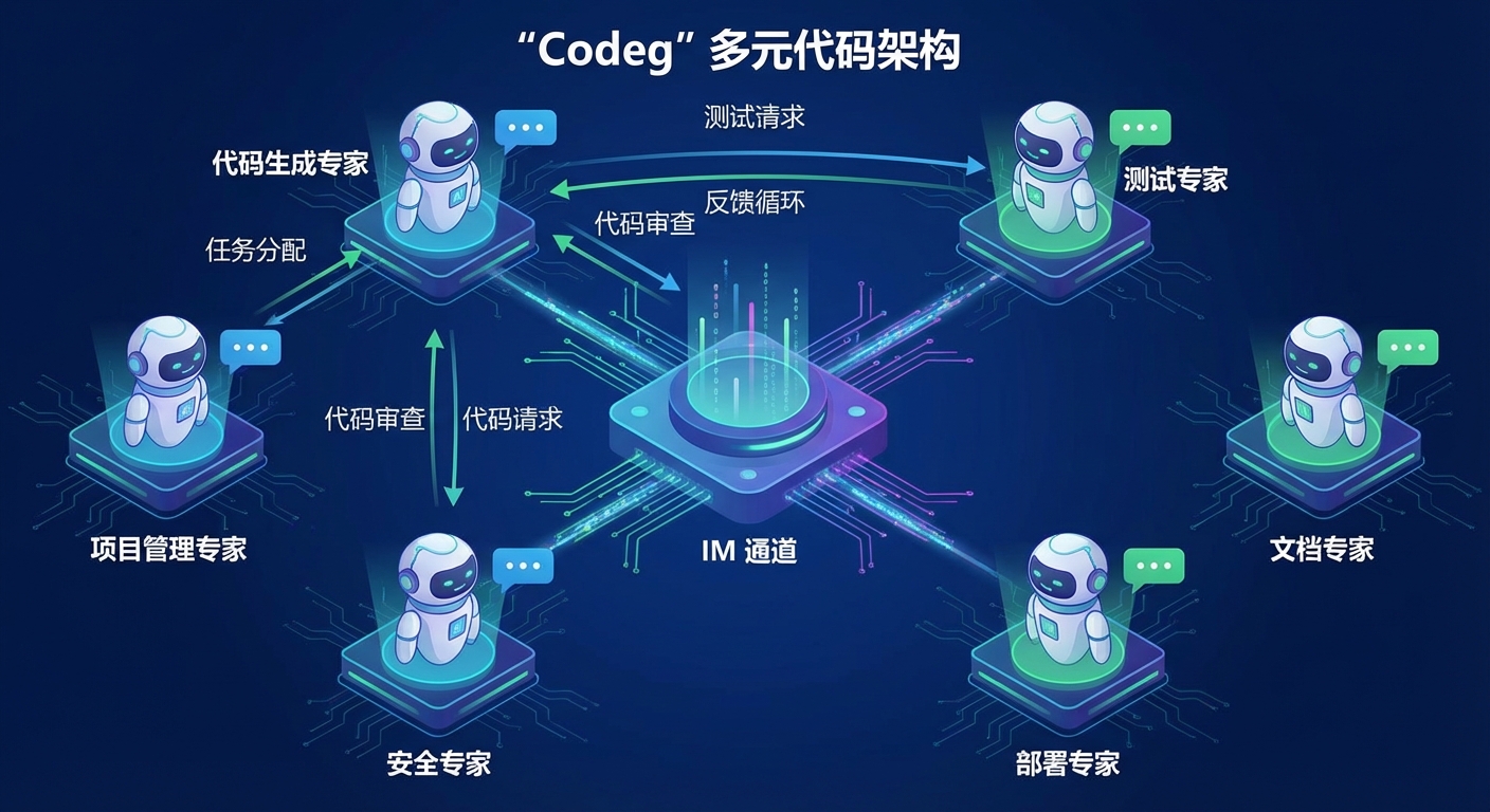 Codeg 多智能体架构示意图,展示 IM 通道连接多个专家 Agent 的协作流程