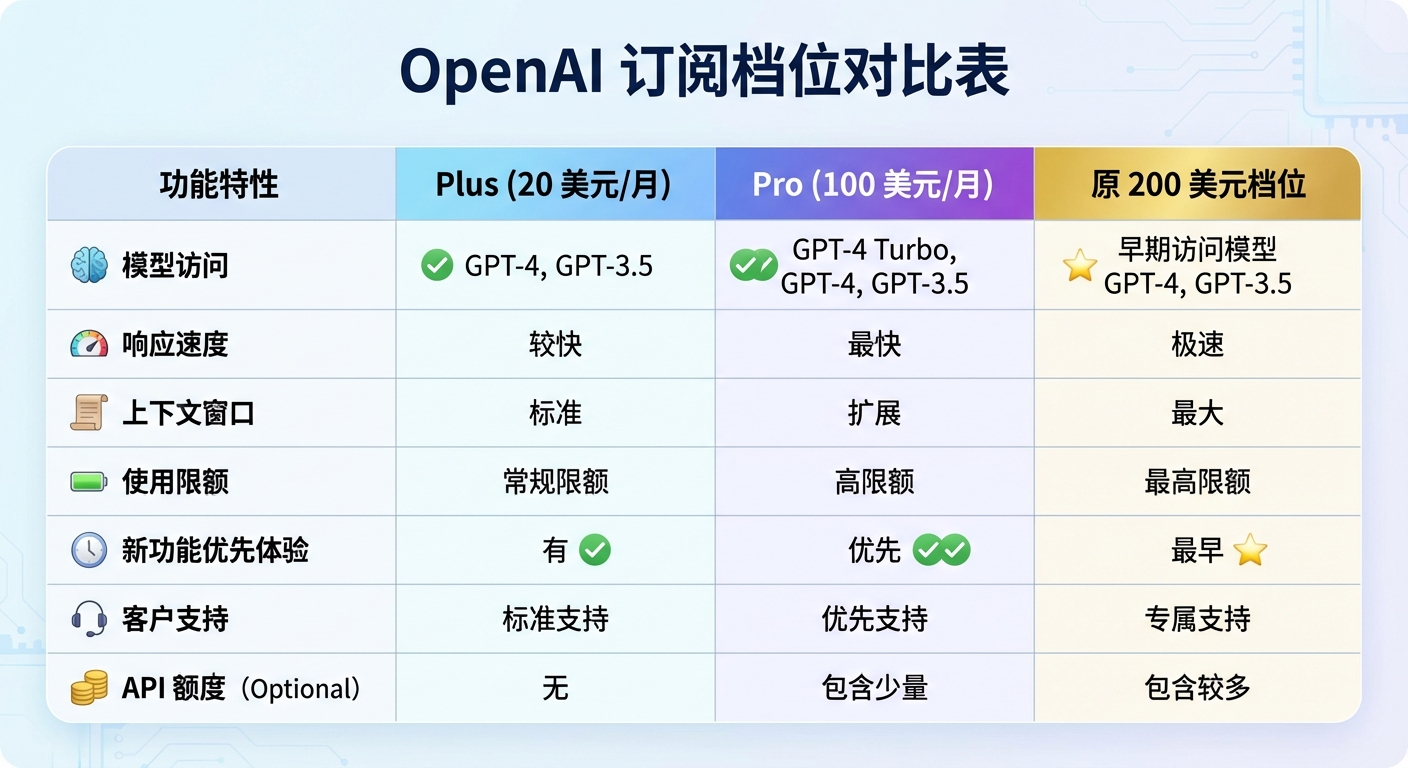 OpenAI 订阅档位对比表，展示 Plus（20 美元）、Pro（100 美元）和原 200 美元档位的功能差异