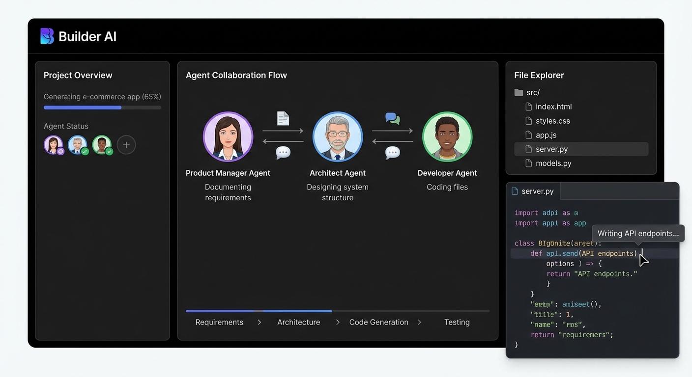 Builder AI 界面截图，展示三个 Agent 协作生成多文件 Web 应用的工作流程