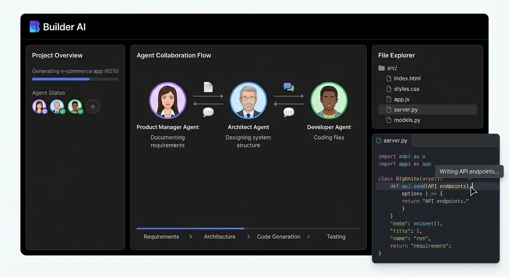 Builder AI 界面截图,展示三个 Agent 协作生成多文件 Web 应用的工作流程