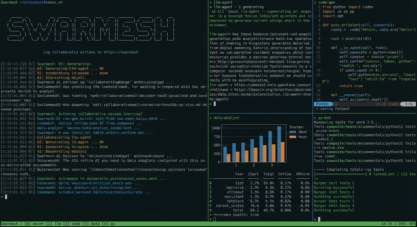 Swarmesh 在 tmux 中多窗格运行多个 AI CLI 协作的终端截图示意