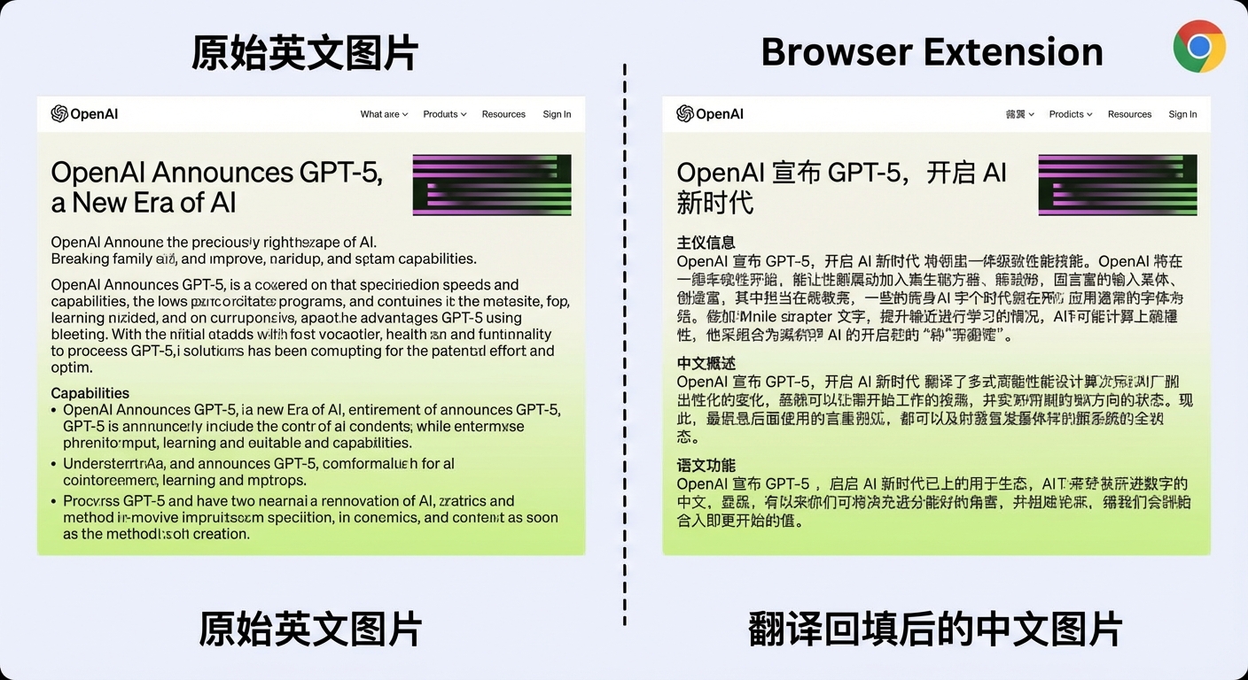 图片翻译助手扩展的使用效果对比，左侧为原始英文图片，右侧为翻译回填后的中文图片